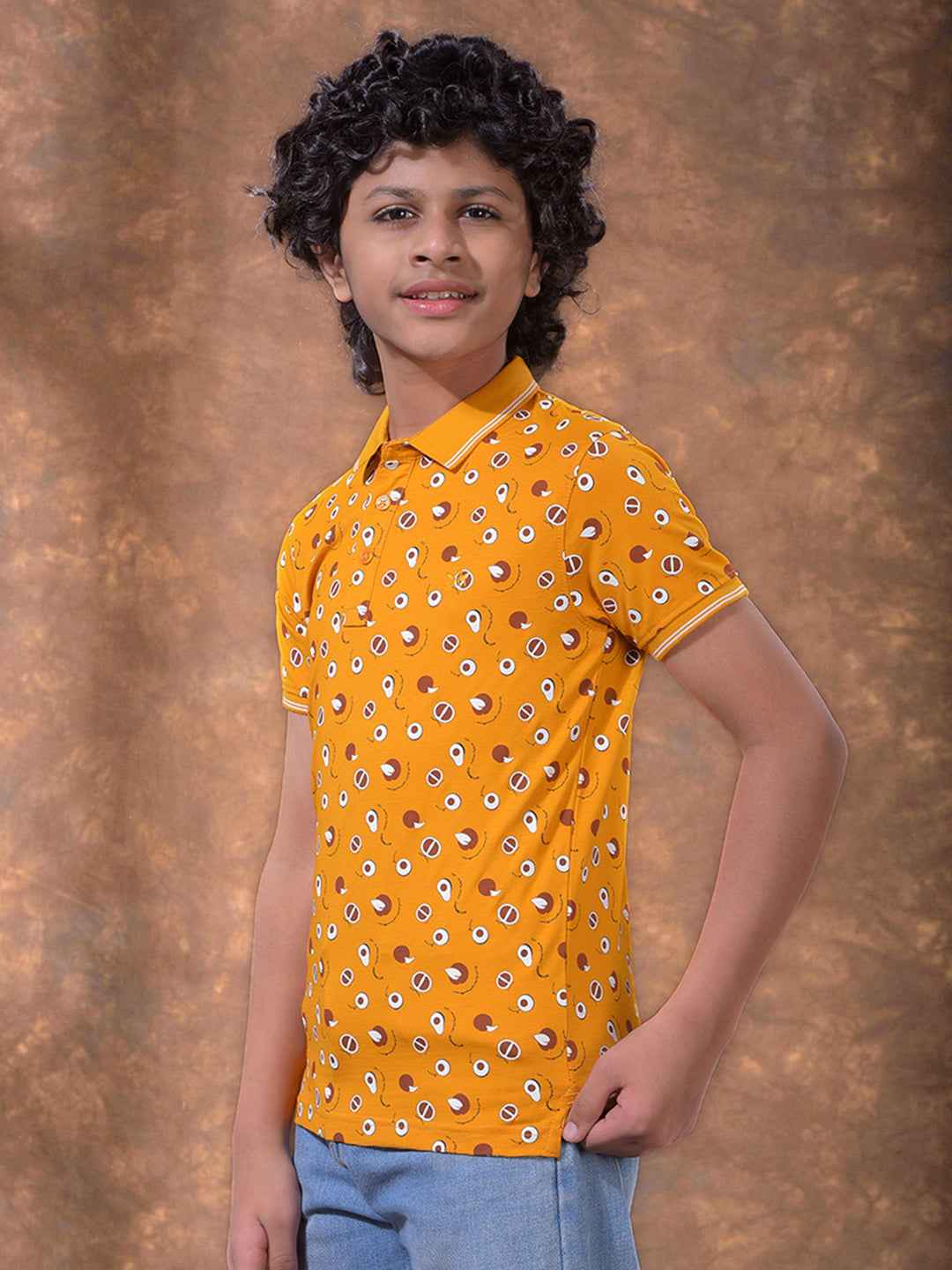 Mustard Printed Polo Neck T-Shirt