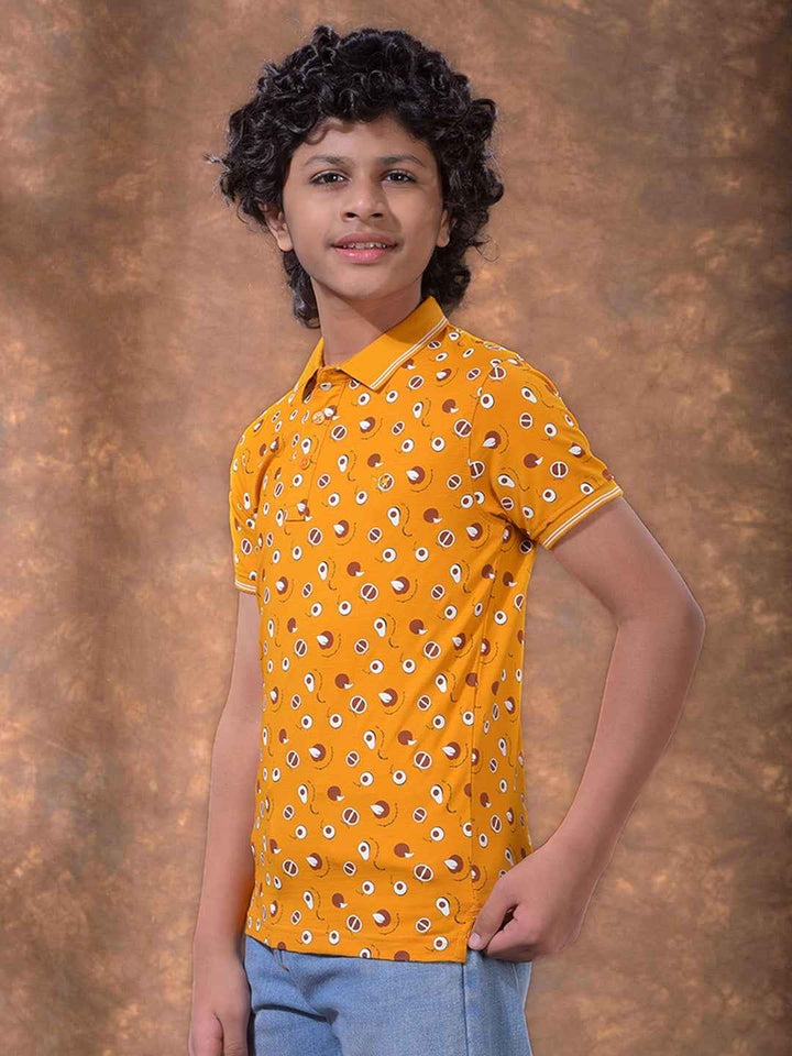 Mustard Printed Polo Neck T-Shirt