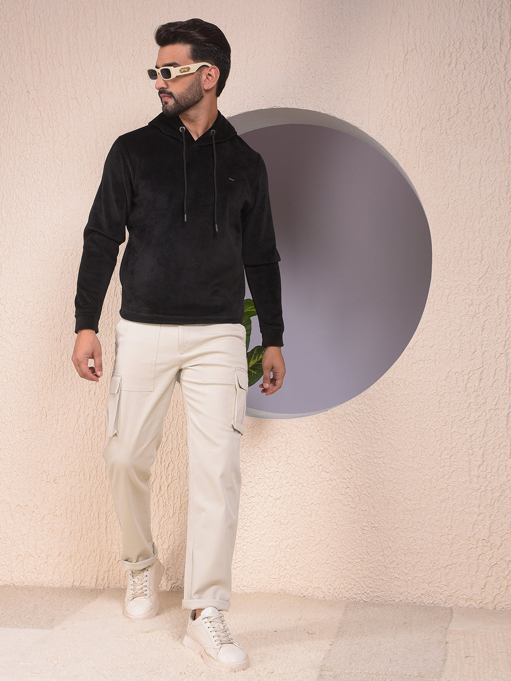 Black Jacquard Hooded Neck Sweatshirt