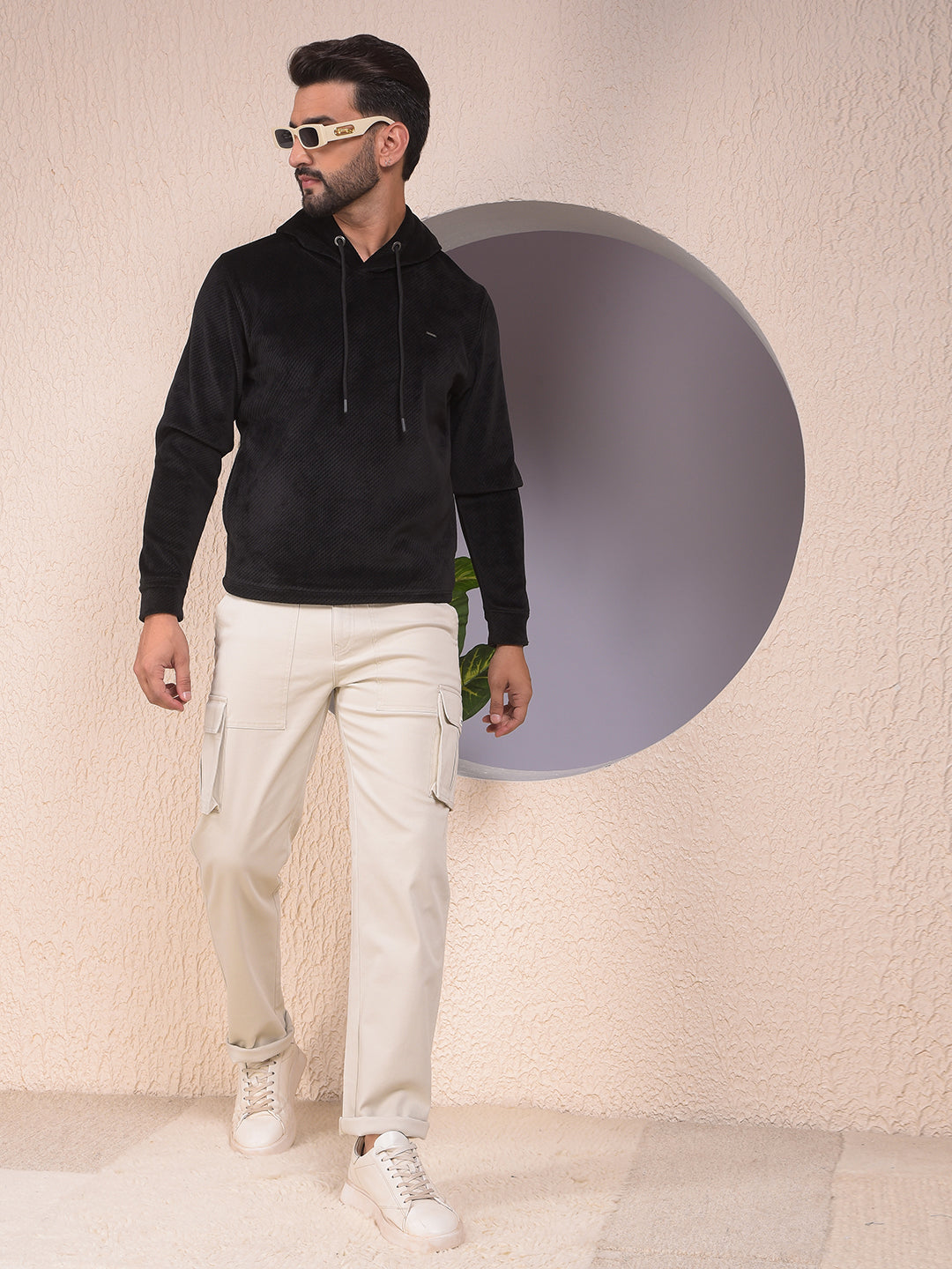 Black Jacquard Hooded Neck Sweatshirt