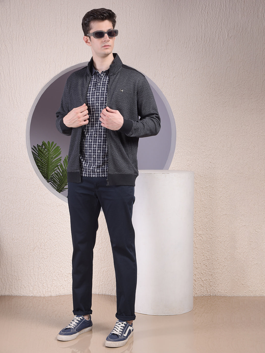 Black Herringbone Zip-Up Sweatshirt