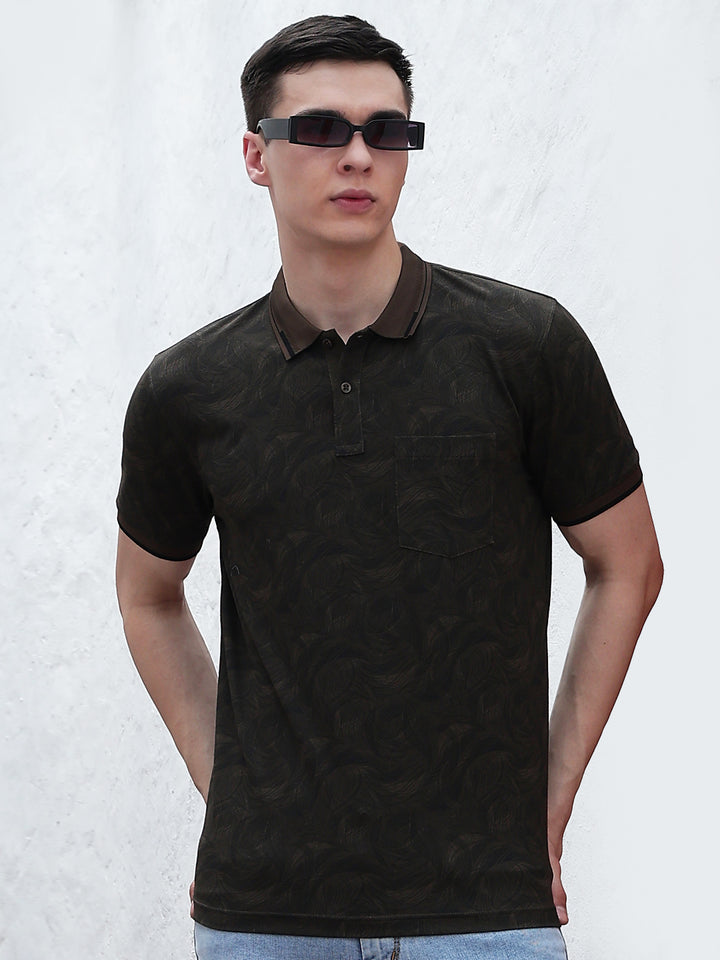 Brown Printed Polo Neck T-Shirt