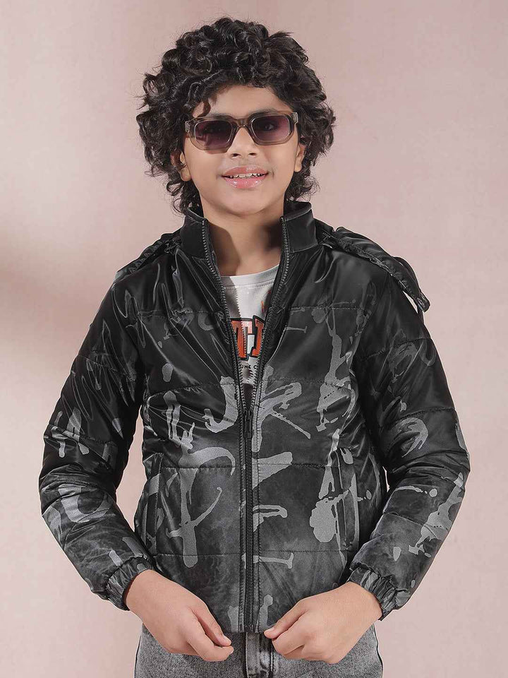 Black Printed Hooded Jacket
