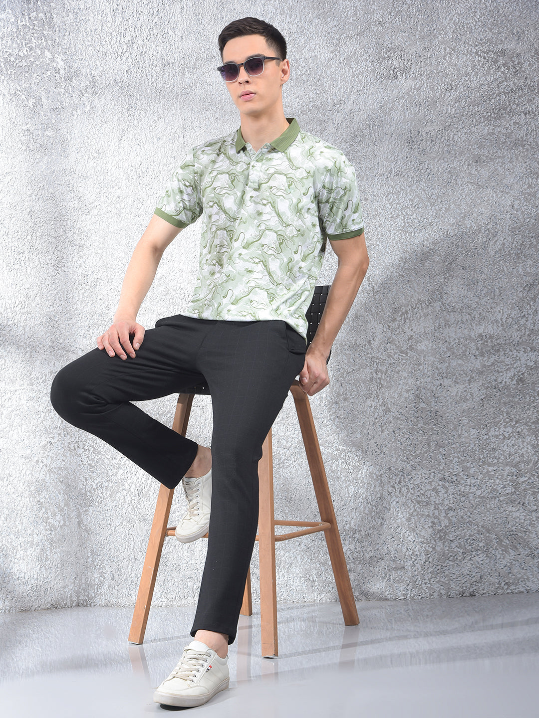 Green Abstract Print Polo Neck T-Shirt