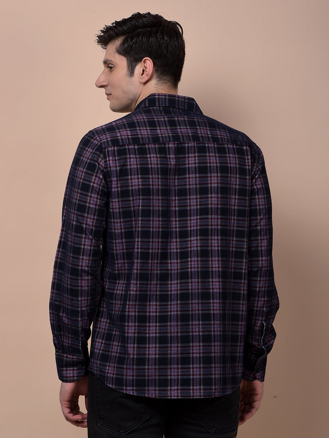 Navy Blue Checked 100% Cotton Corduroy Shirt