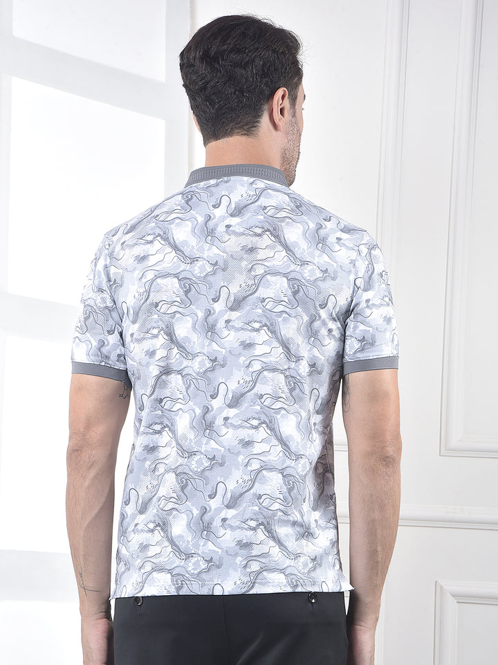 Grey Abstract Print Polo Neck T-Shirt