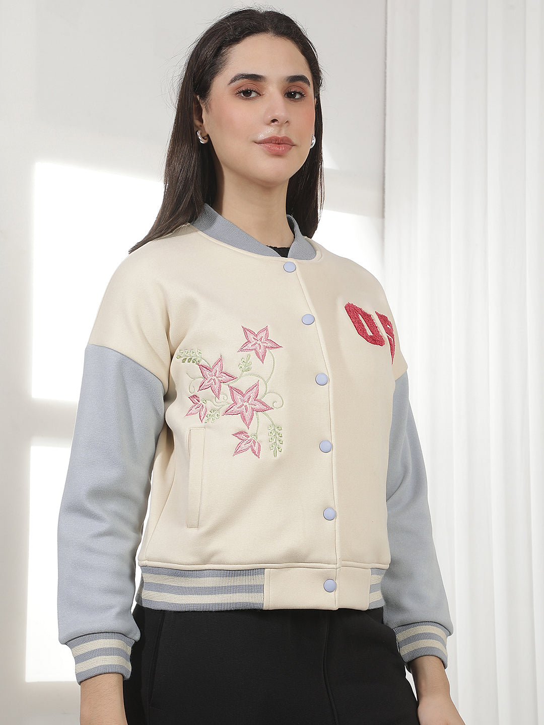 Cream Embellished Varsity Shacket