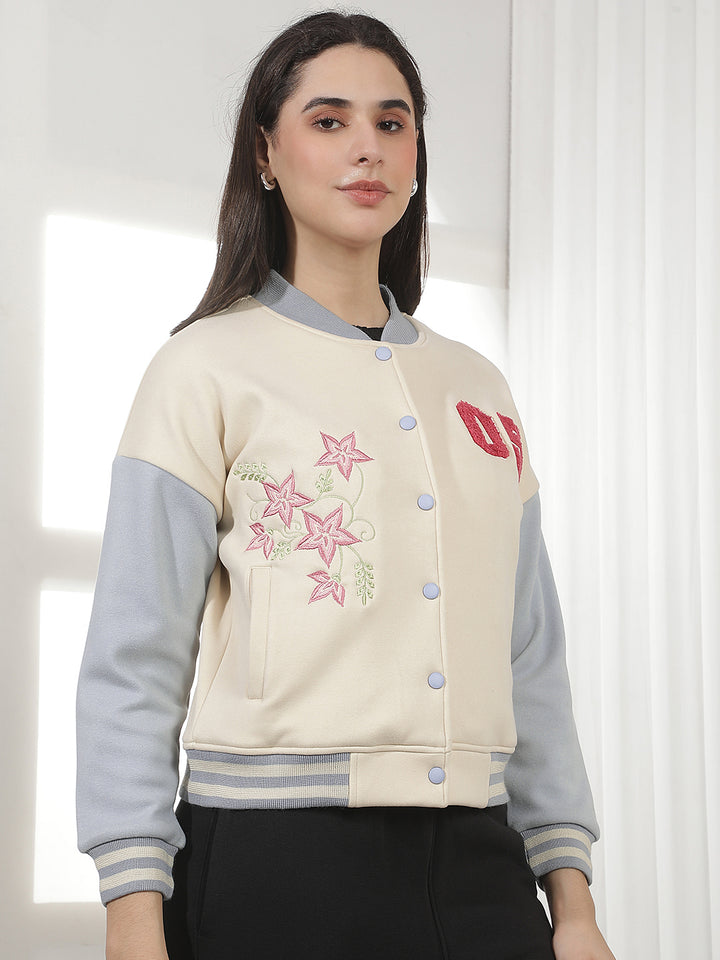 Cream Embellished Varsity Shacket