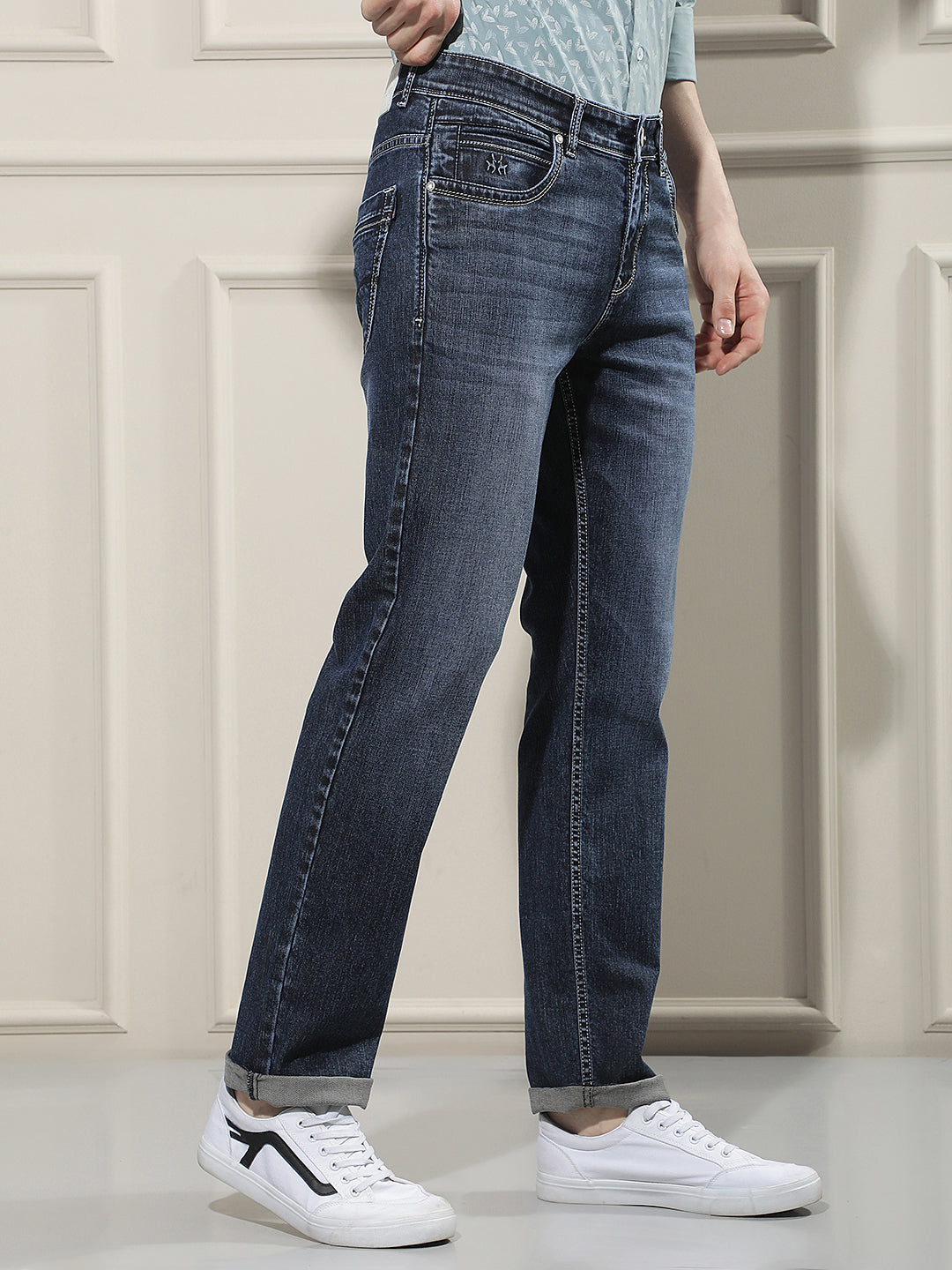 Navy Blue Cotton Straight Jeans