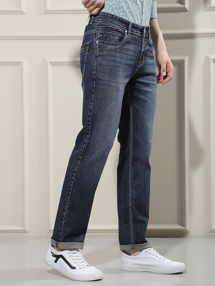 Navy Blue Cotton Straight Jeans