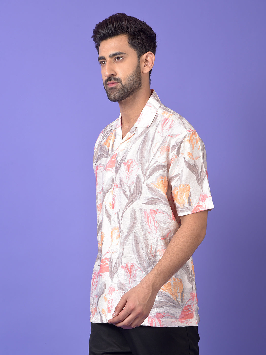 Peach Floral Print Resort Collar Shirt