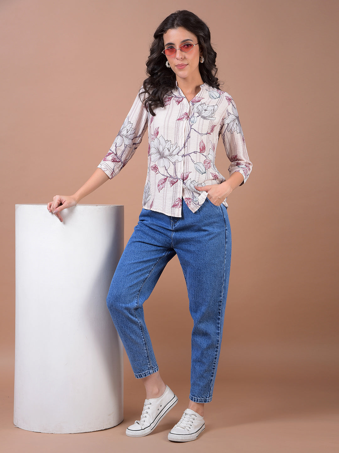 Maroon Floral Print V-Neck Shirt