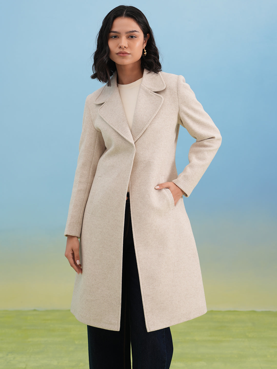Beige Notched-Lapel Over-Coat