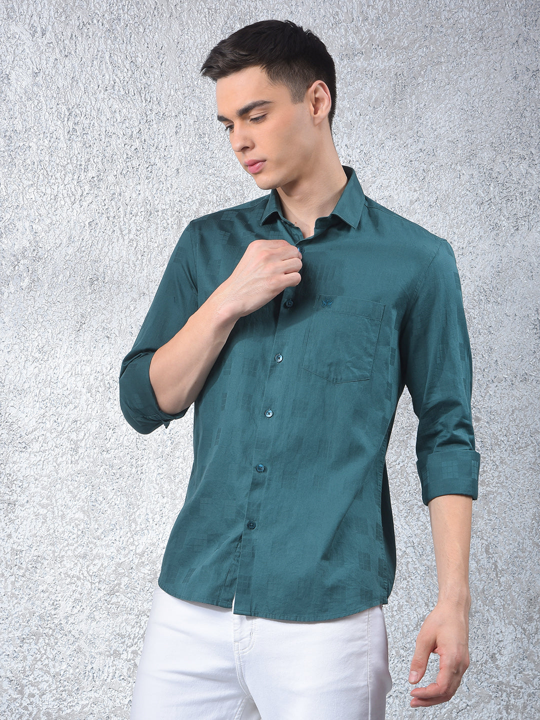 Green Textured 100% Cotton Shirt