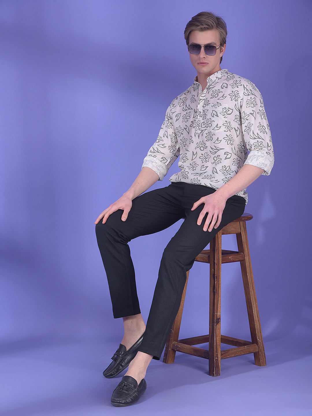 Black Floral Printed Linen Kurta