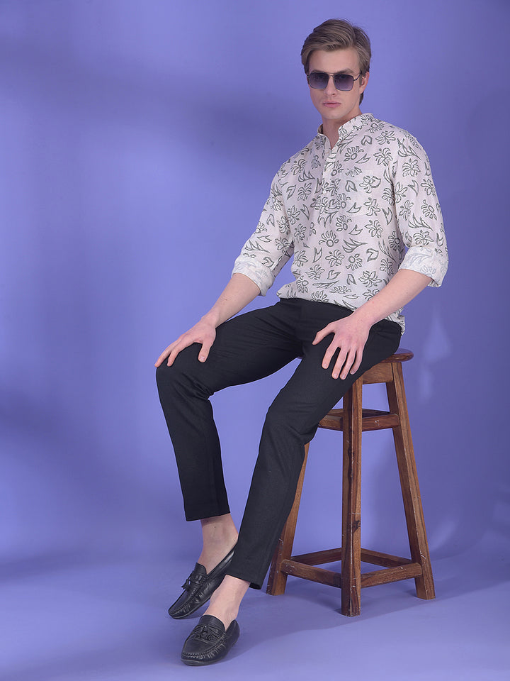 Black Floral Printed Linen Kurta