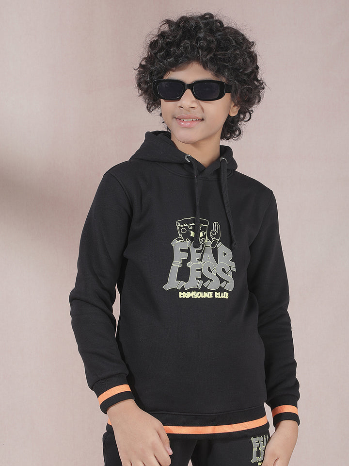 Black Typographic Print Hooded Neck Sweatshirt
