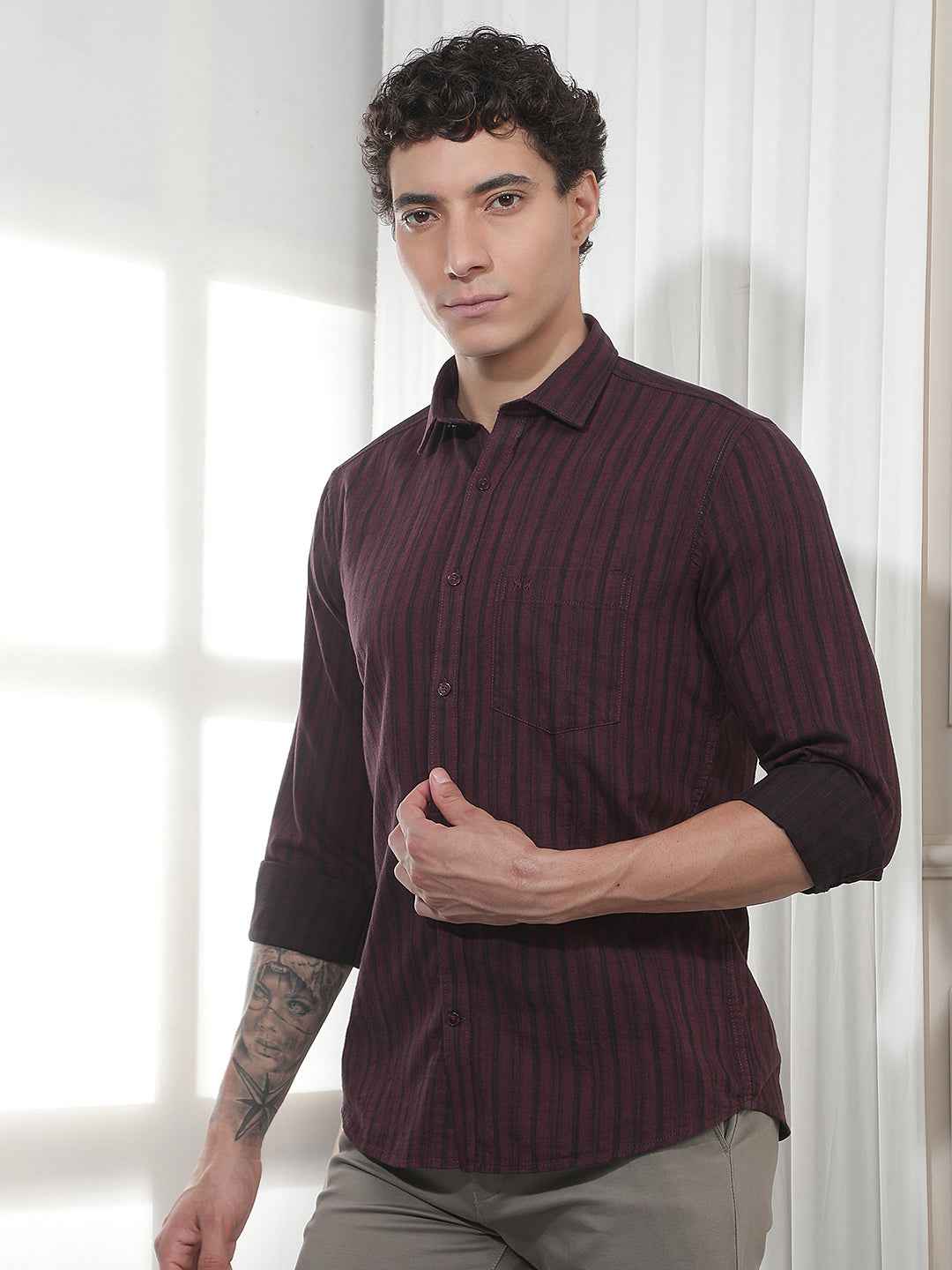 Maroon Vertical Striped 100% Cotton Shirt