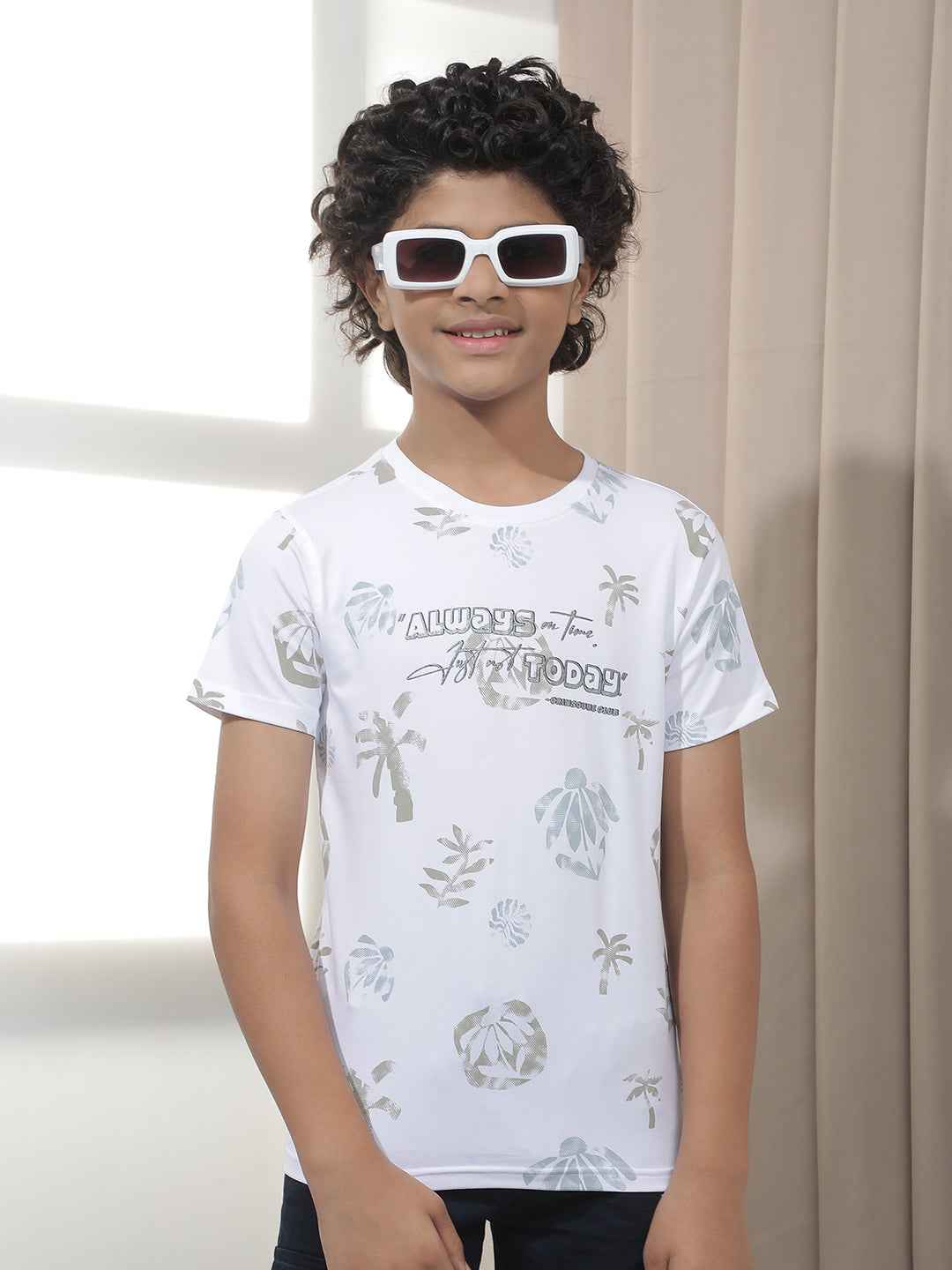 White Tropical Print Crew Neck T-Shirt