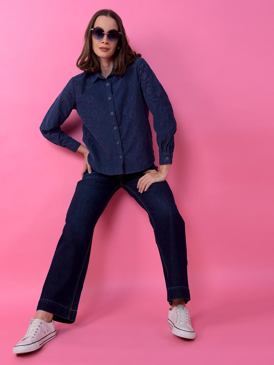 Navy Blue Embroidered 100% Cotton Semi-Sheer Shirt