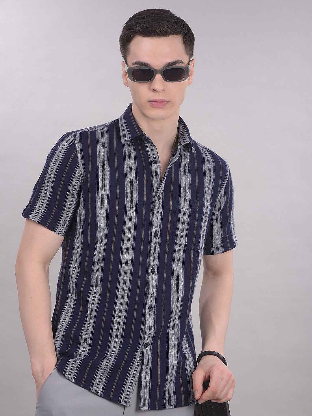 100% Cotton Navy Blue Vertical Stripes Shirt
