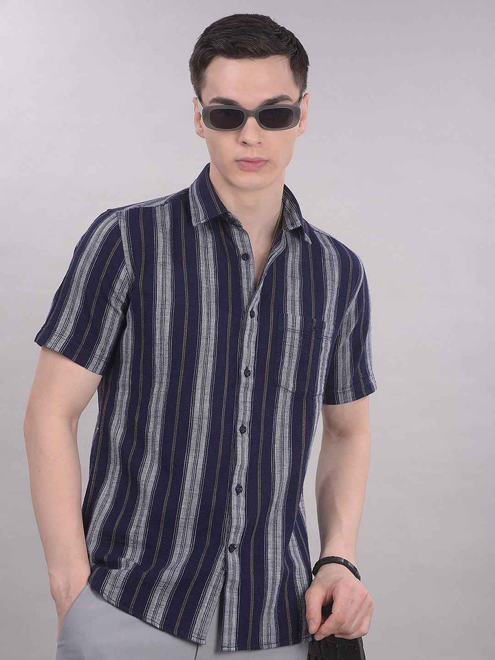 100% Cotton Navy Blue Vertical Stripes Shirt