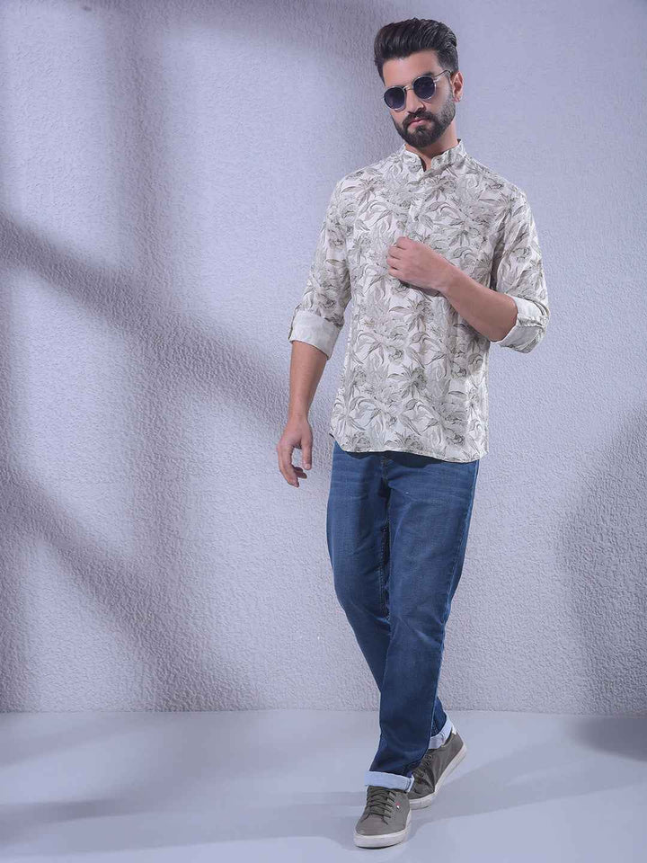 Grey Floral Print Linen Kurta