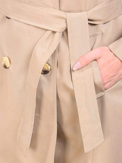 Khaki Notched Lapel Double-Breasted Overcoat With Belt