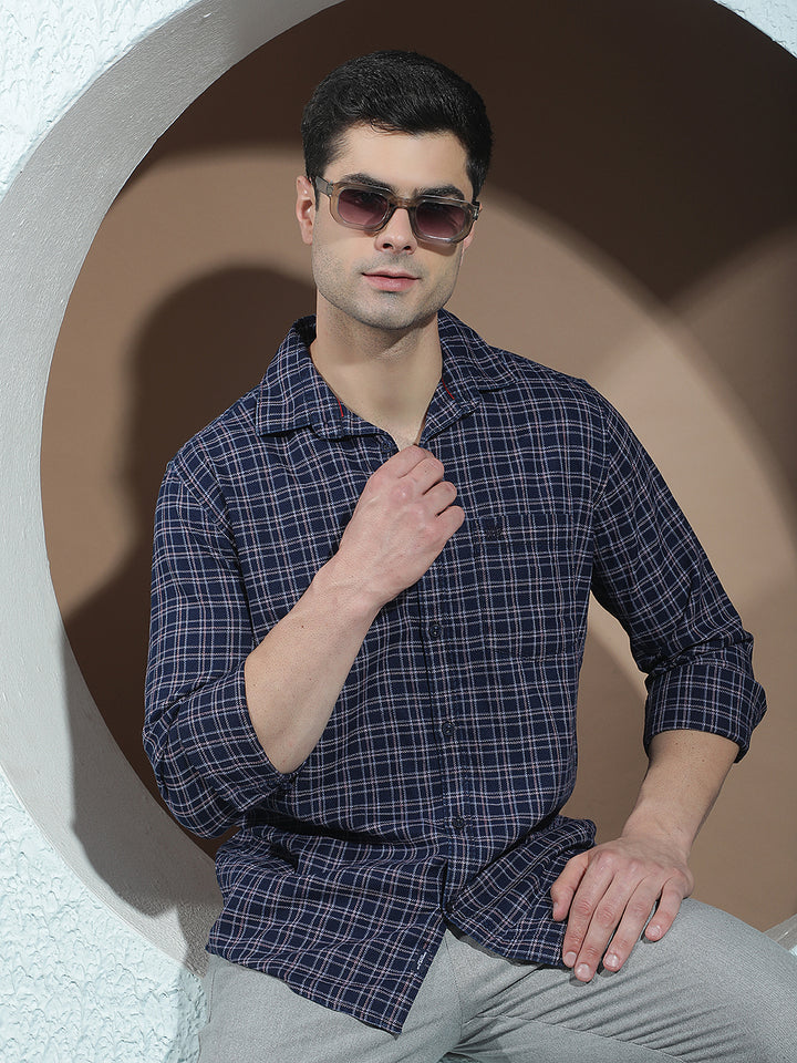 Navy Blue 100% Cotton Checked Shirt