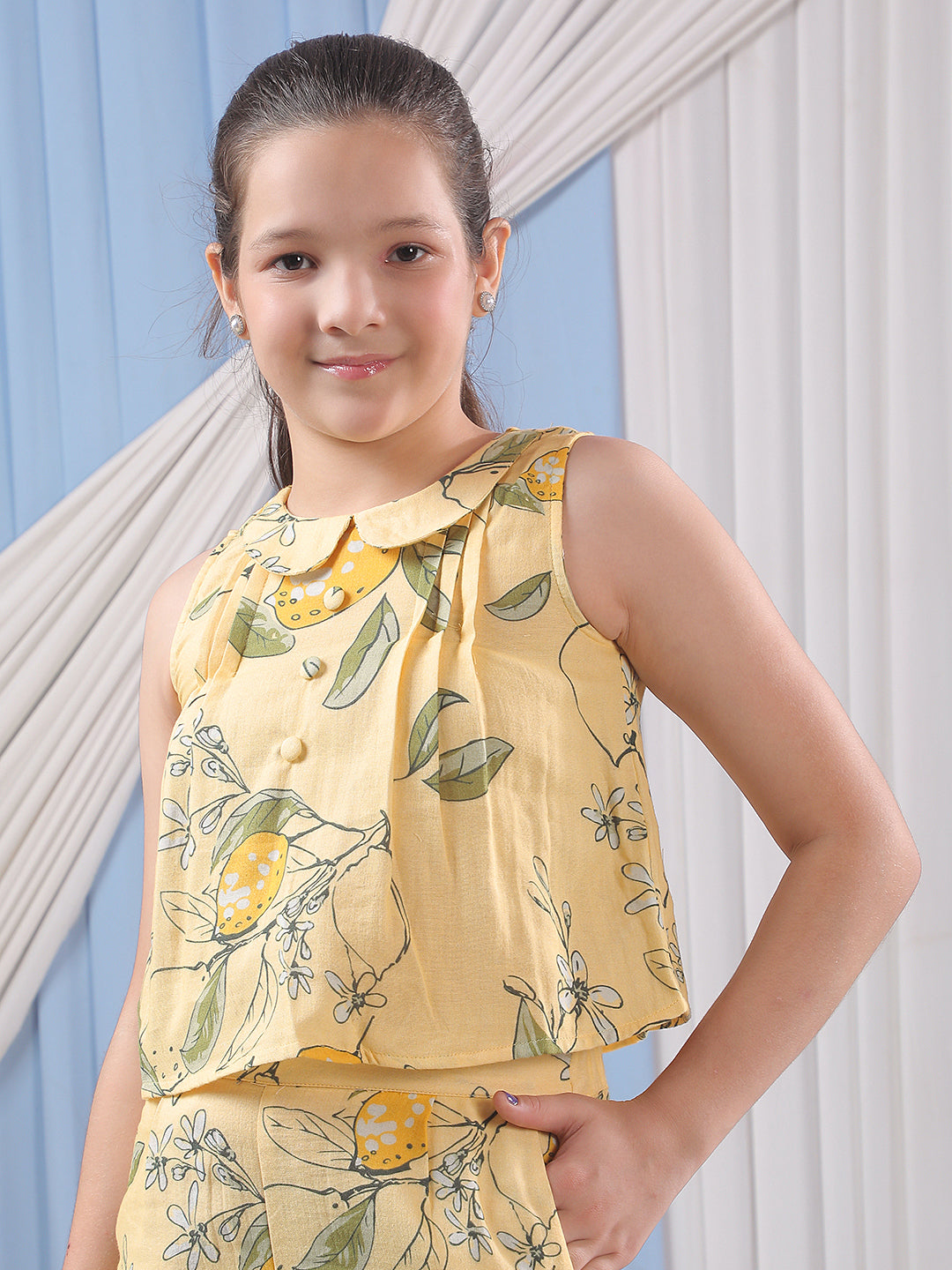 Yellow 100% Cotton Floral Printed Sleeveless Crop Top