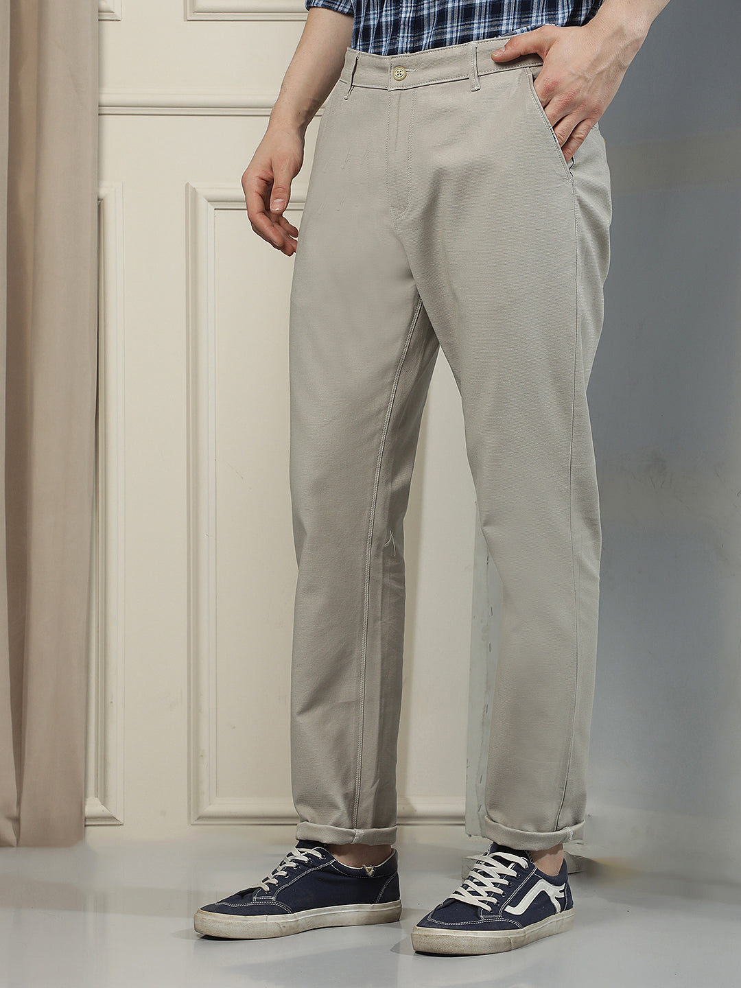 Khaki Cotton Stretchable Dobby Trousers