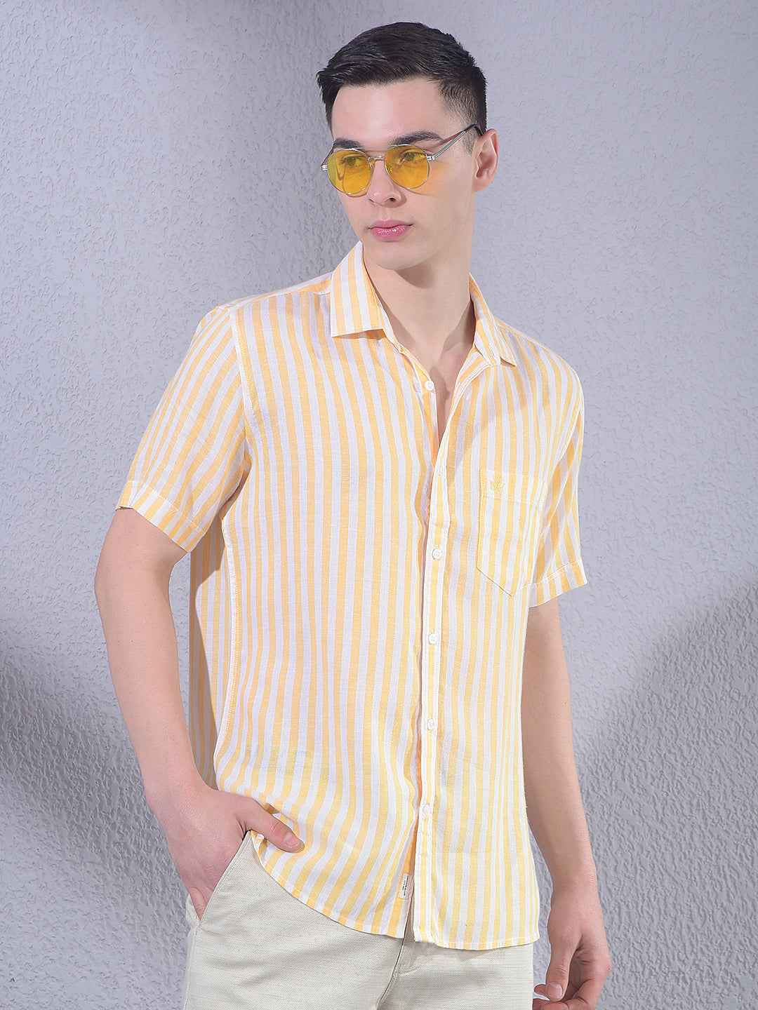 Yellow Vertical Striped Linen Shirt