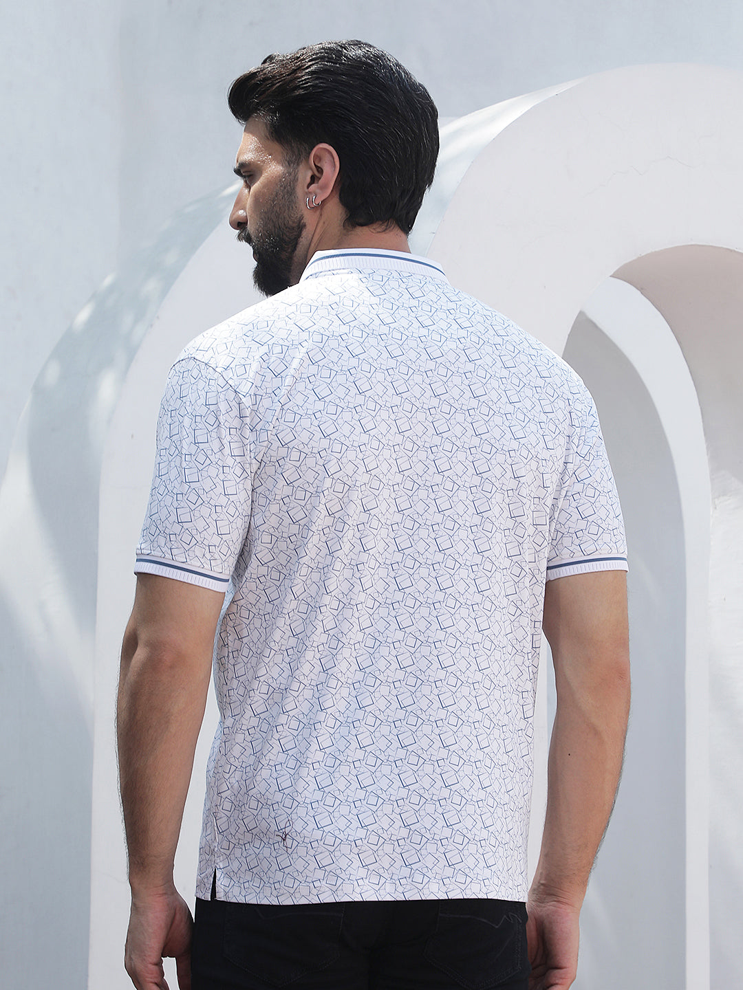 Blue Geometric Print Polo Neck 100% Cotton T-Shirt