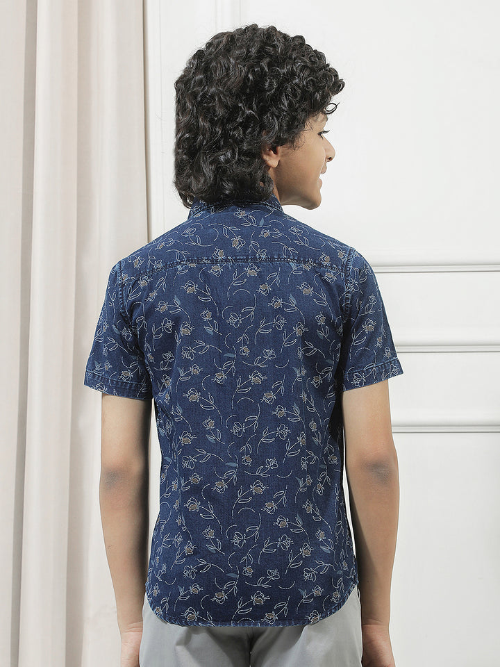 Navy Blue 100% Cotton Floral Print Shirt