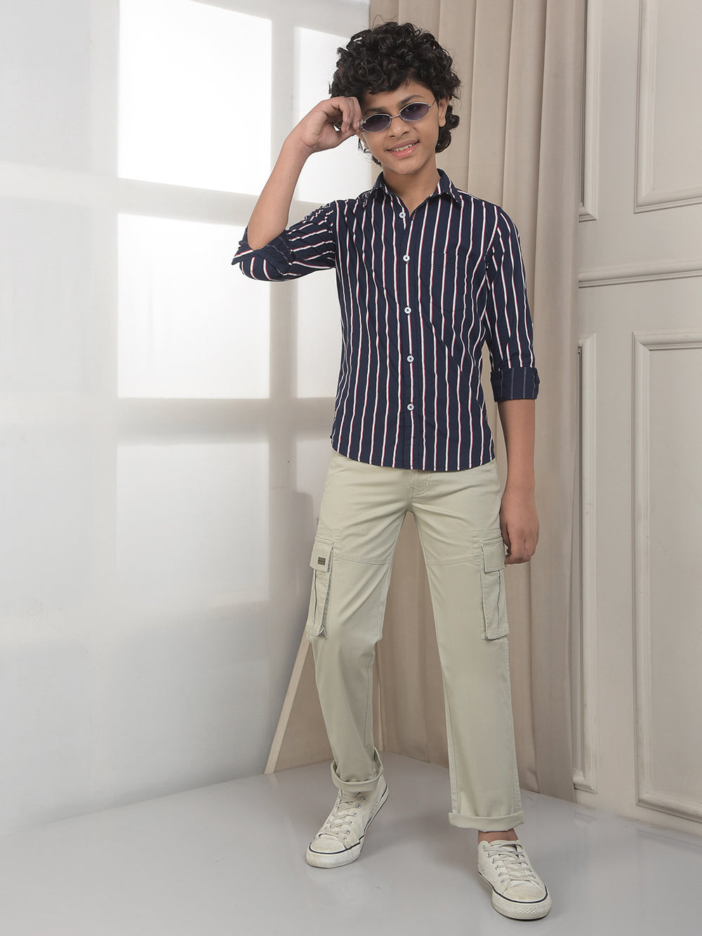 Navy Blue 100% Cotton Striped Shirt