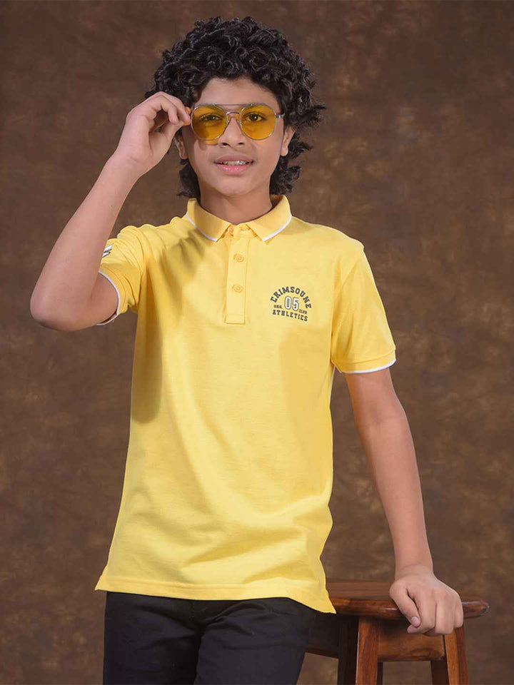 Yellow Typographic Print Polo Neck T-Shirt