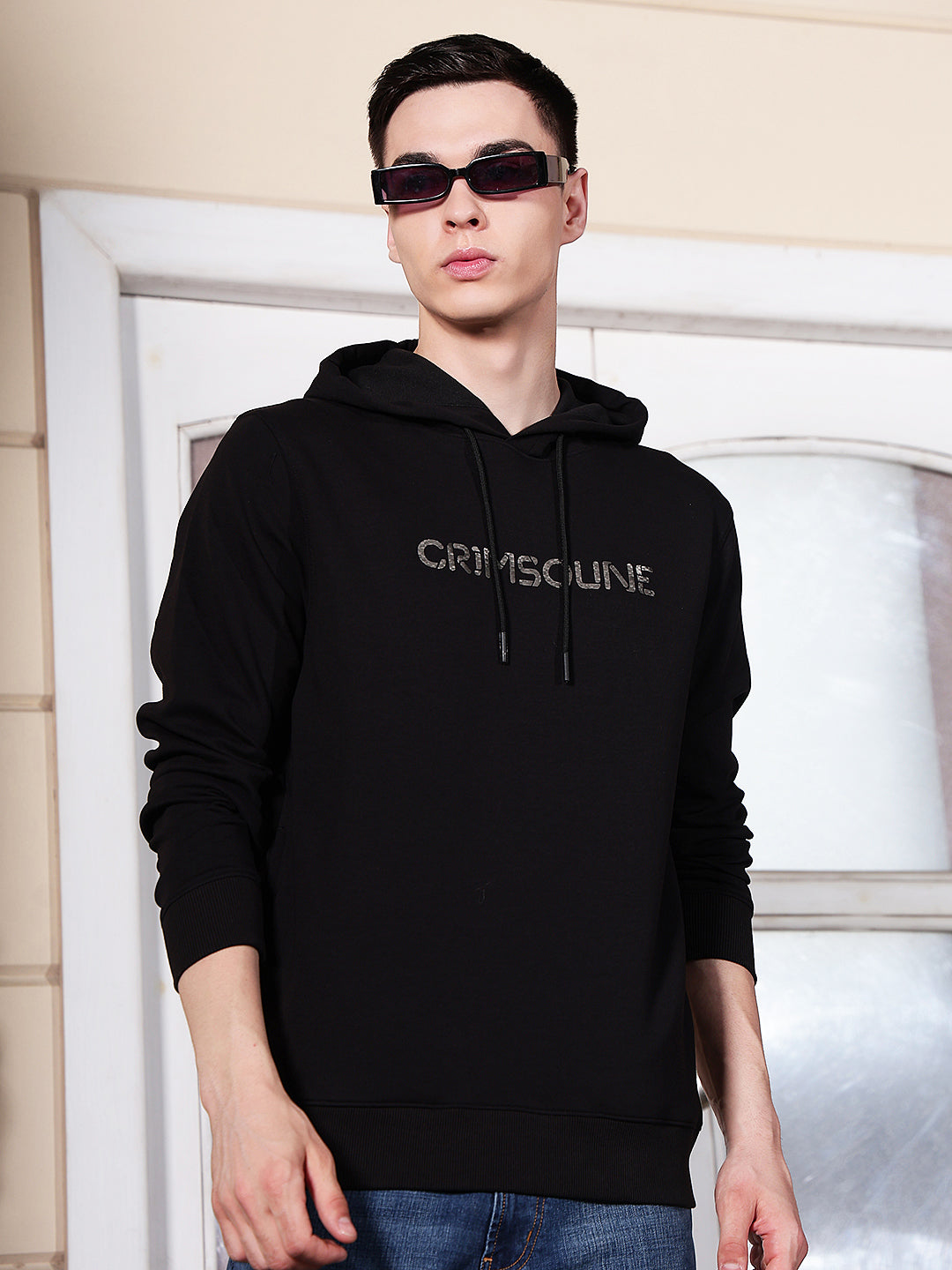 Black Typographic Printed Hooded Sweatshirt