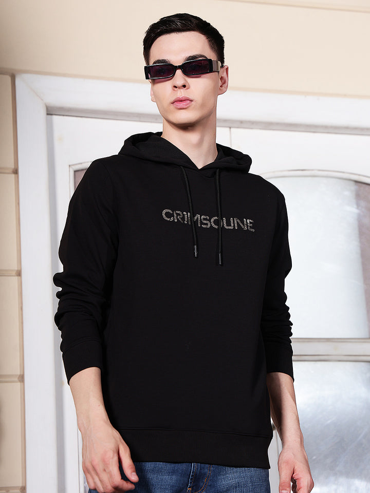 Black Typographic Printed Hooded Sweatshirt