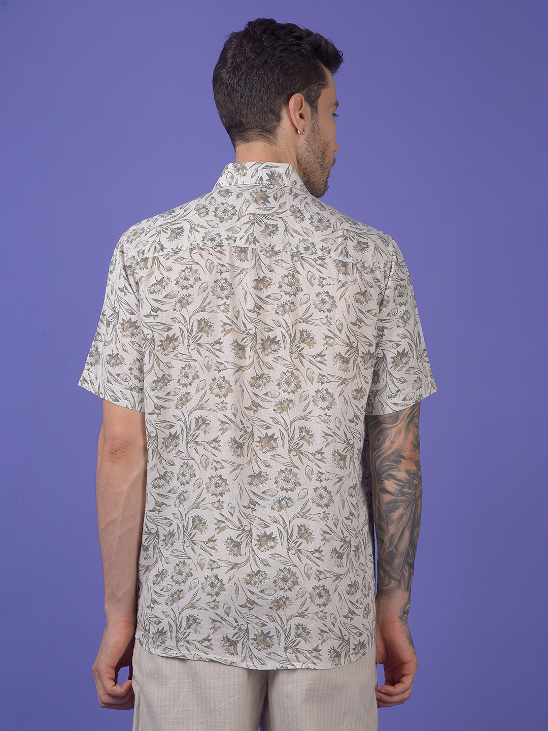 Olive Floral Print Linen Shirt