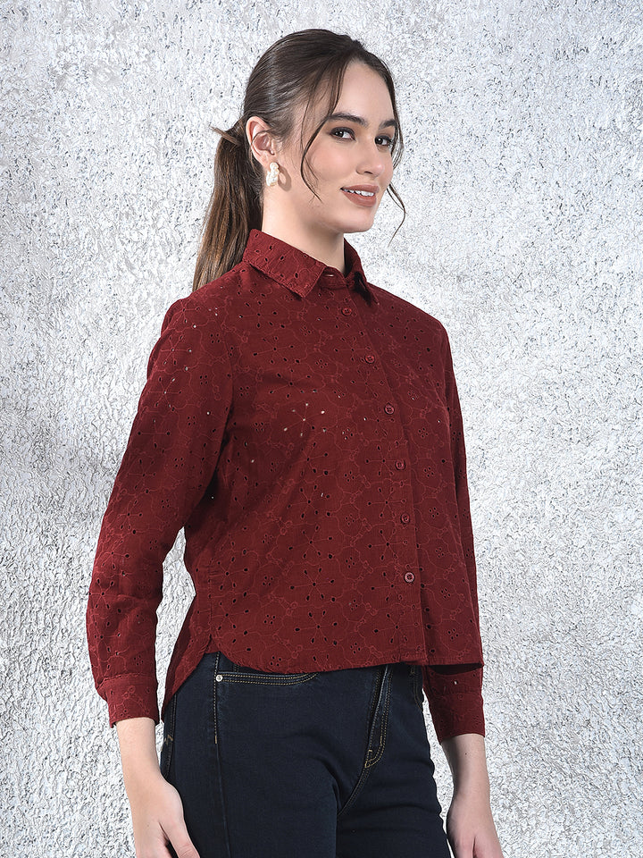 Maroon Embroidered 100% Cotton Shirt