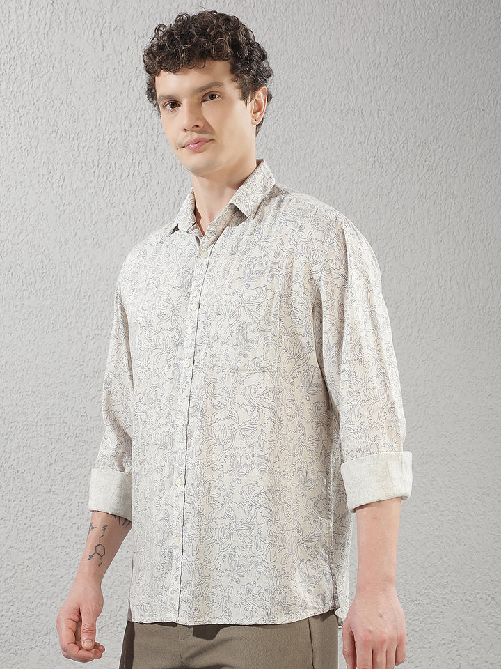 Linen Blue Floral Print Shirt