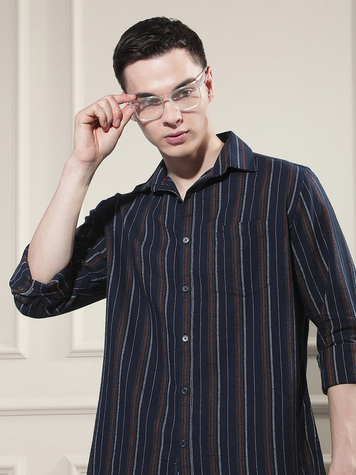 Navy Blue Vertical Stripes 100% Cotton Shirt