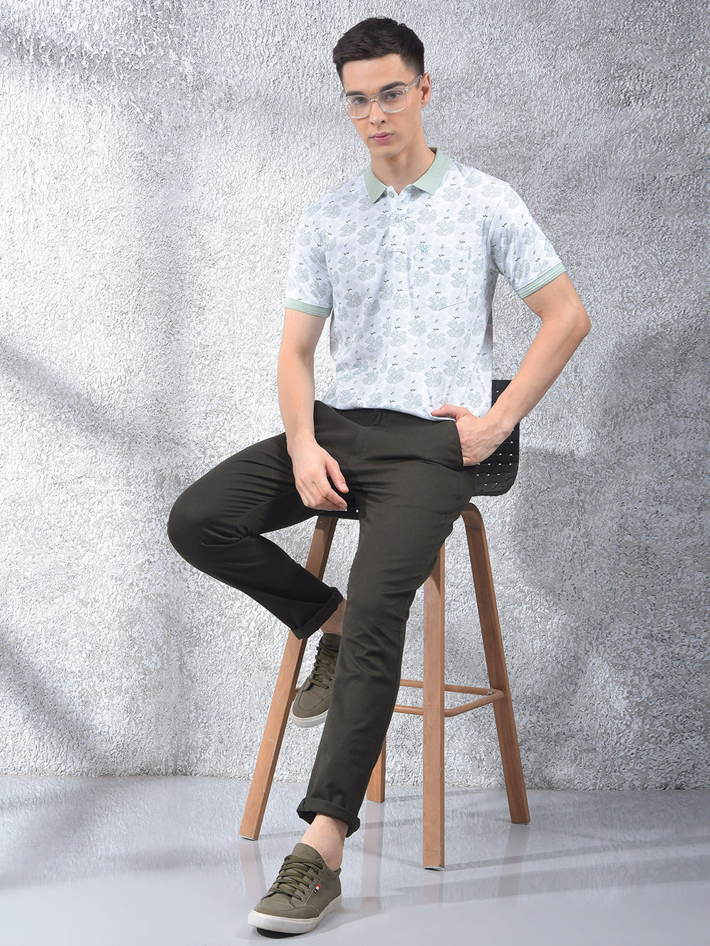 Green Floral Print Polo Neck T-Shirt