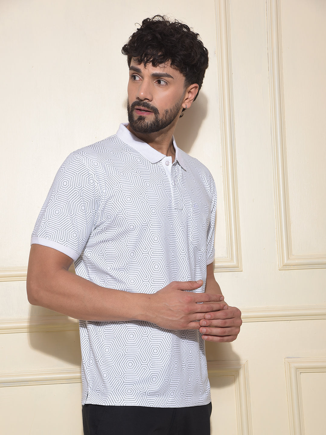 White Printed Polo-Neck T-Shirt