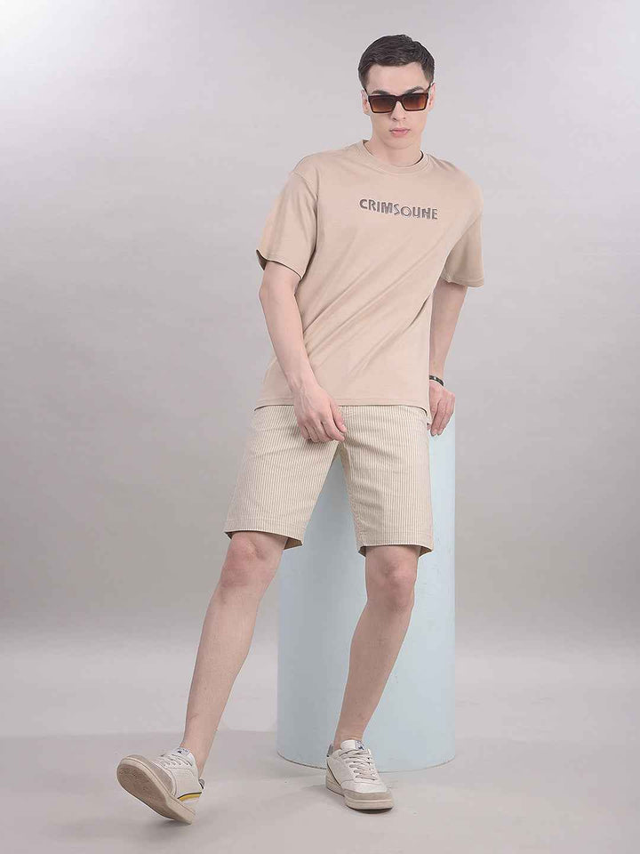 Beige Typographic 100% Cotton Oversize T-Shirt