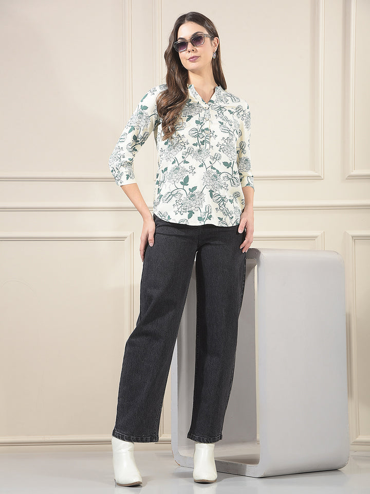 Green Floral Printed V-Neck Top