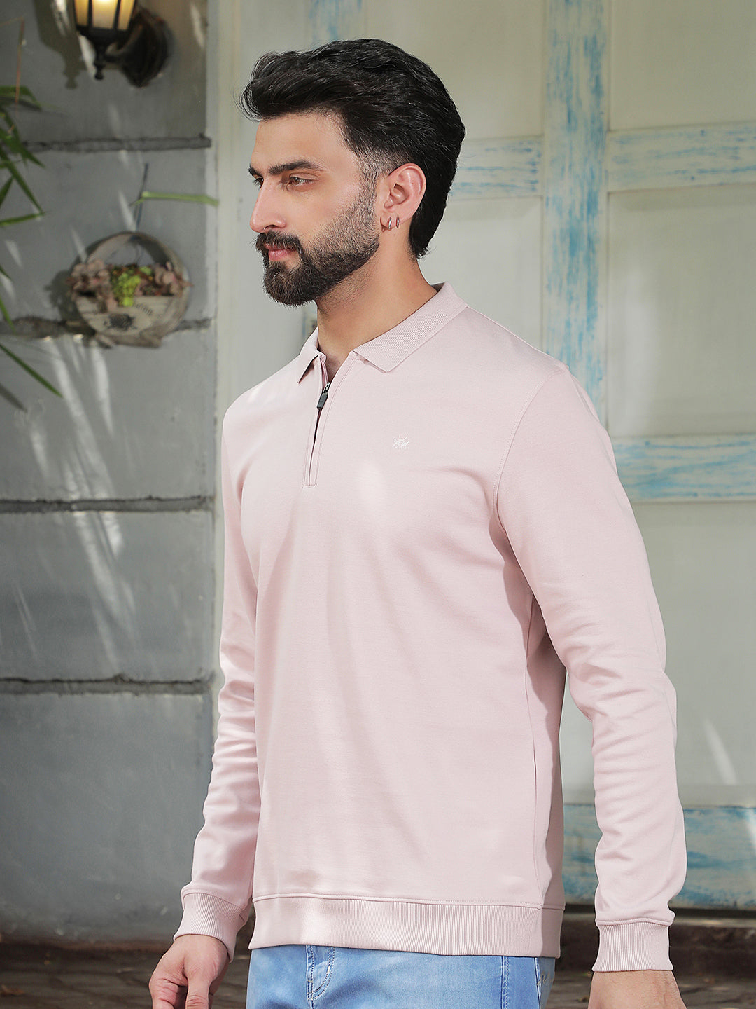 Pink Polo Neck Front Open Sweatshirt