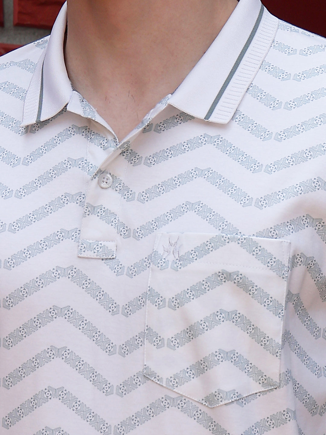 White Printed Polo Neck 100% Cotton T-Shirt