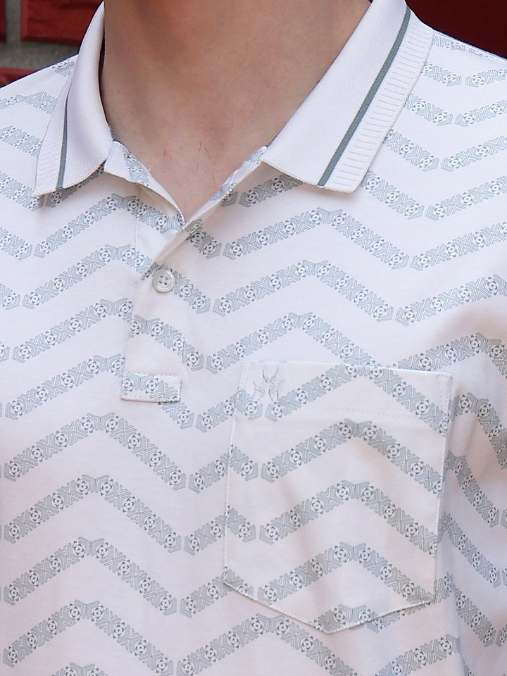 White Printed Polo Neck 100% Cotton T-Shirt
