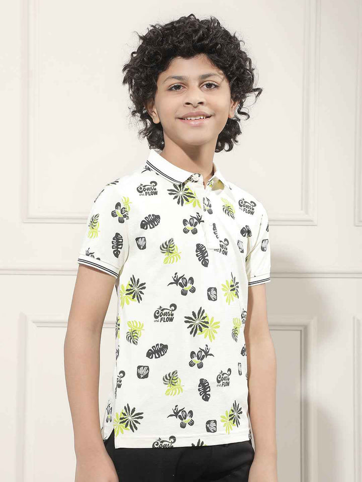 Tropical Print Cream Polo T-Shirt